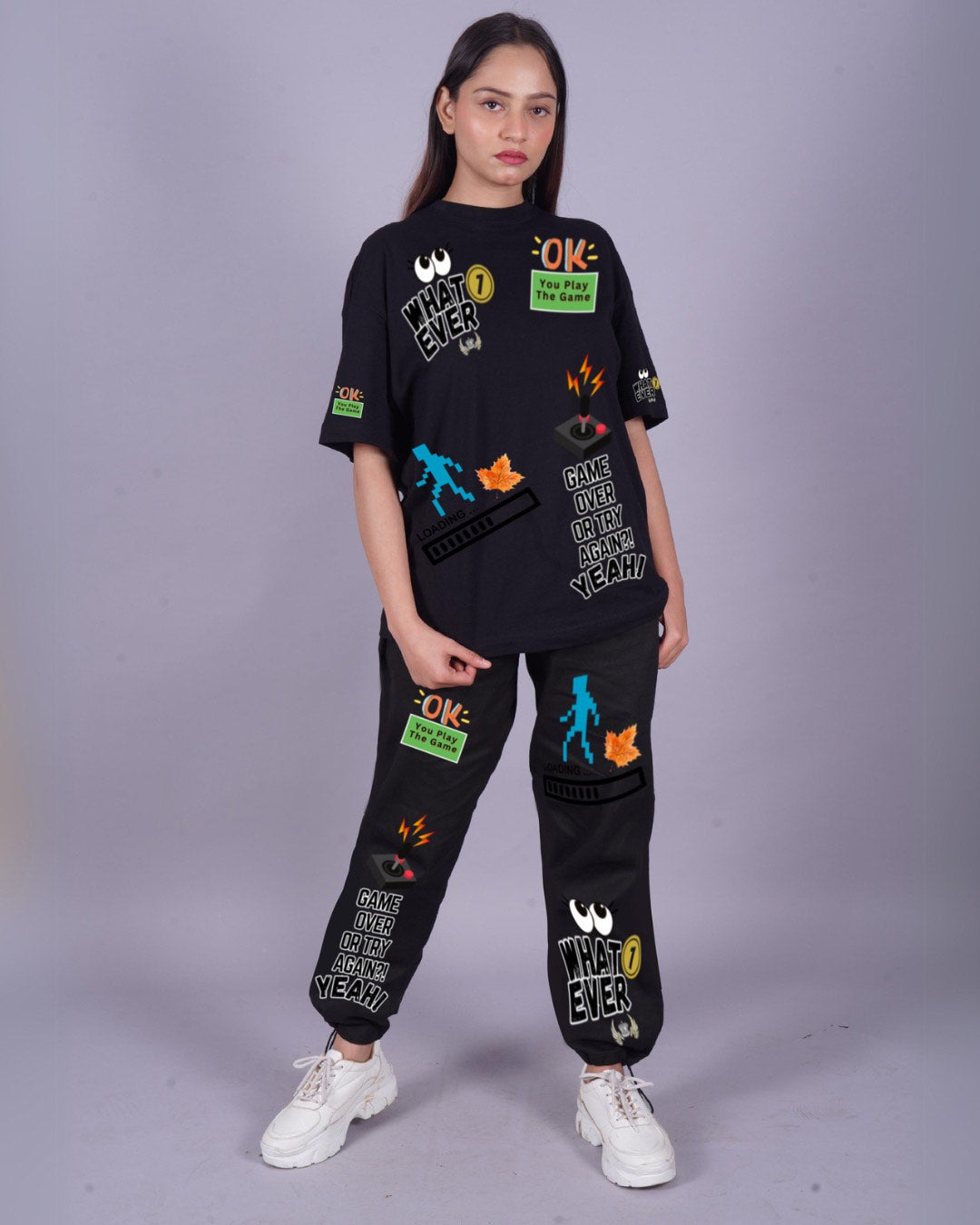 Women Game Over Oversized Co-Ord Set - Black And Black(*)