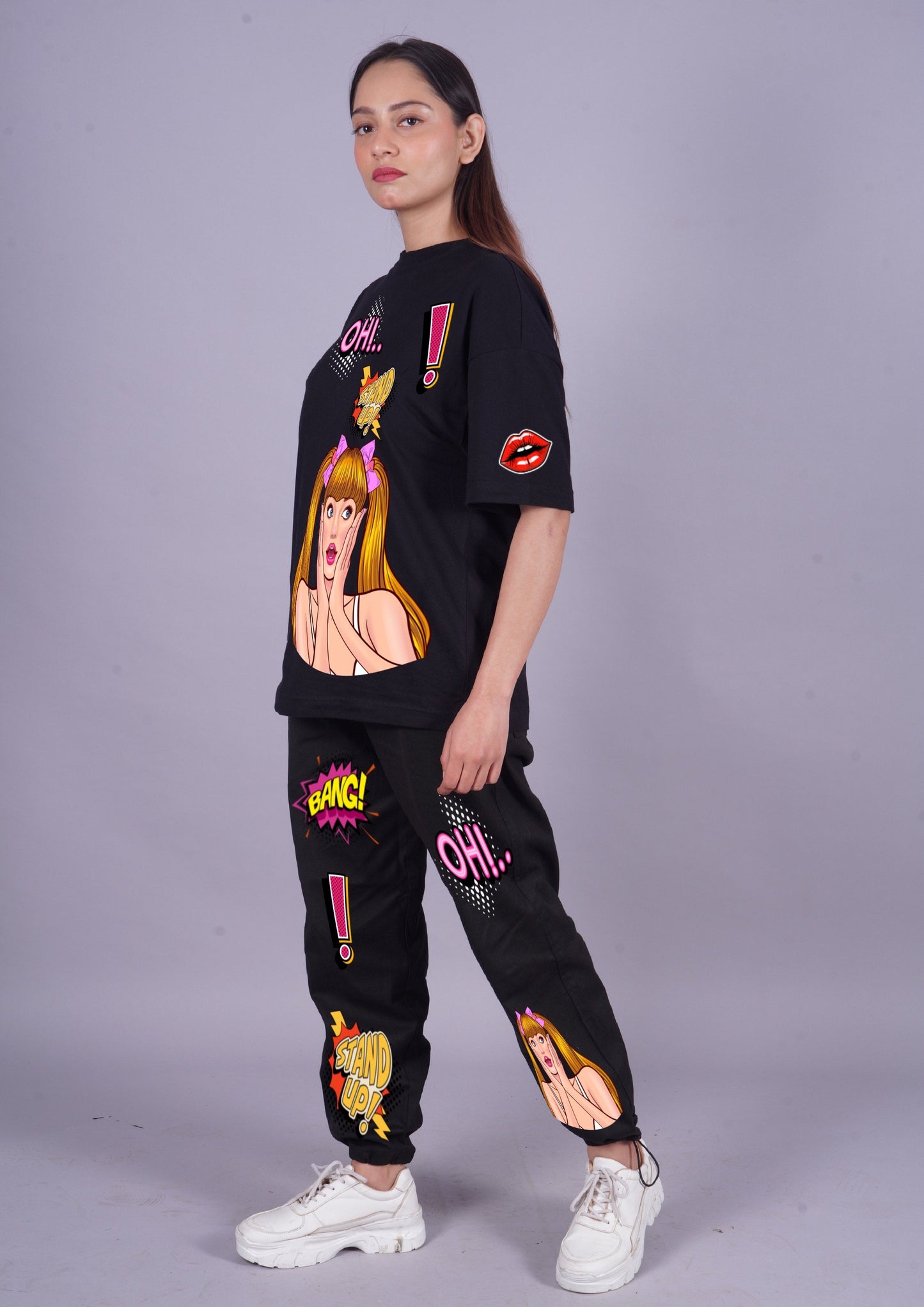 Women Stand Up Graphic Oversized Co-Ord Set - Black and Black(*)