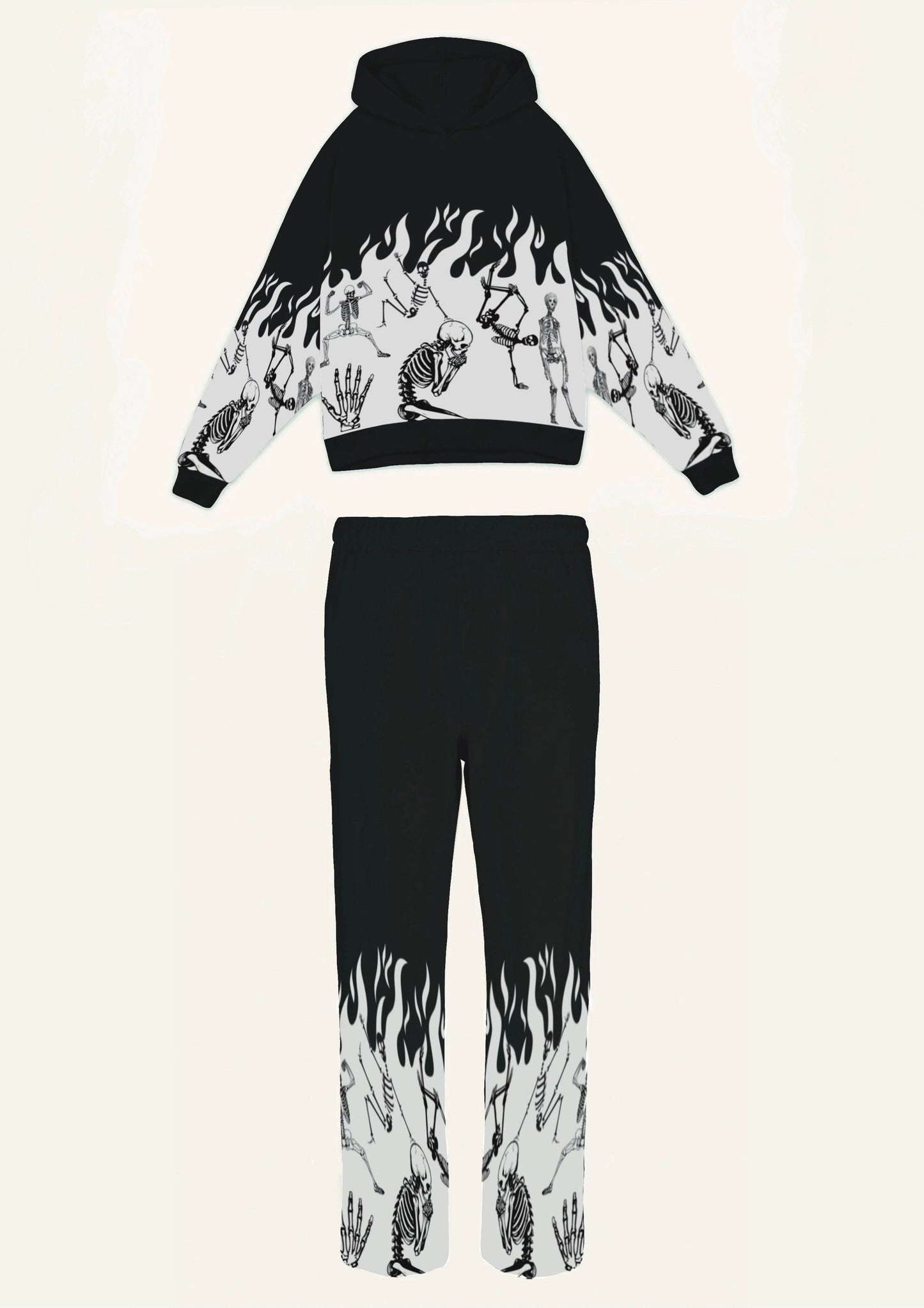 WOMEN CHILLING SKELETON HOODIE OVERSIZED CO-ORD SET - BLACK AND BLACK