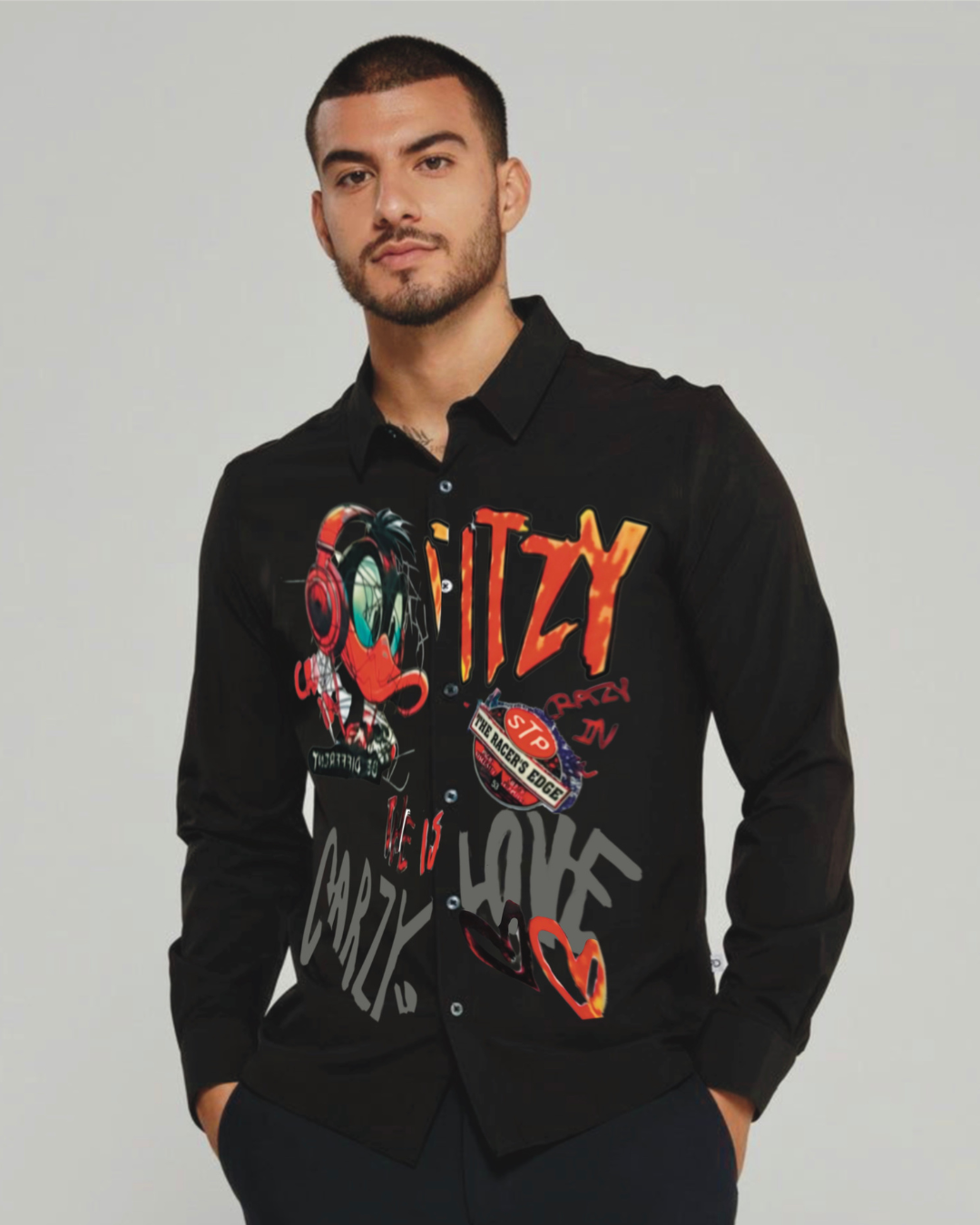 IT'S CRAZY LOVE DUCK FULL SLEEVE BLACK OVERSIZED KNITTED SHIRT