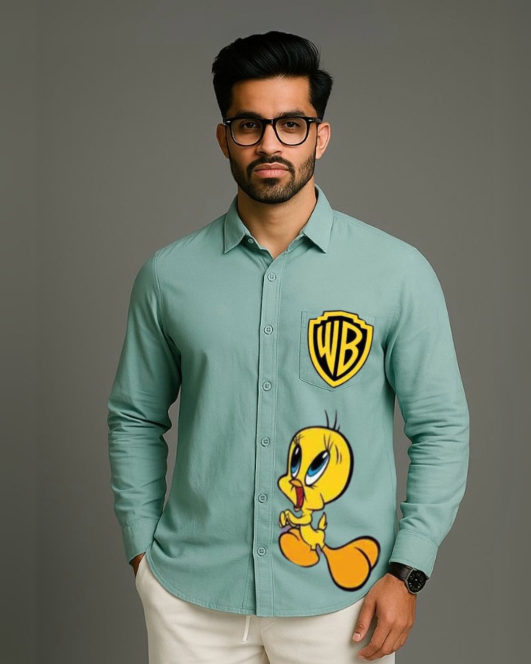 MEN'S LONNEY TUNES FULL SLEEVE GREEN SHIRT(*)