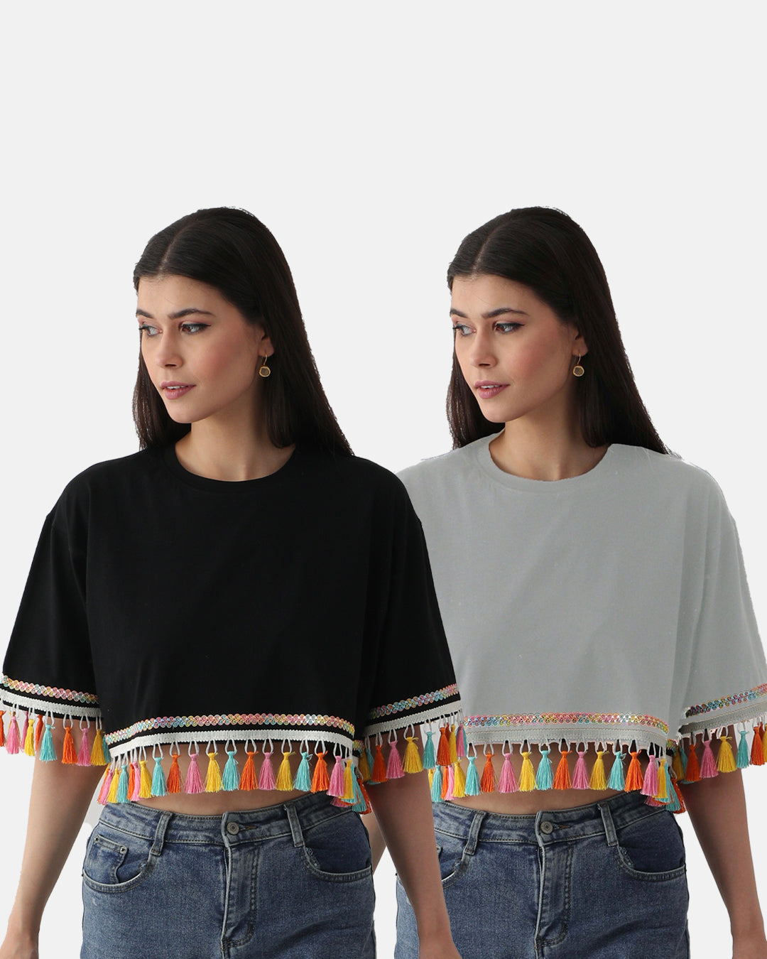 SET OF 2 OVERSIZED WOMEN'S TOPS: BLACK & FOG GREY WITH MULTICOLORED TASSEL TRIM