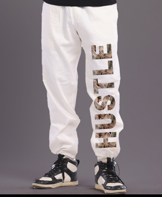 WORK HARD : MEN WHITE CARGO PANT WITH HUSTLE PRINT