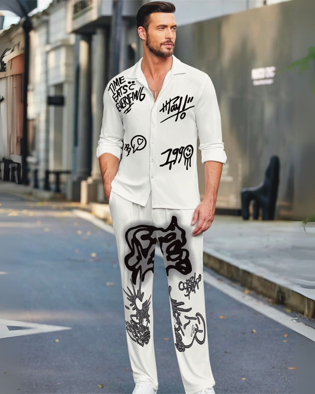 TIME EATS FULL SLEEVE SHIRT WITH CORRY WHITE PANT (WHITE AND WHITE) )