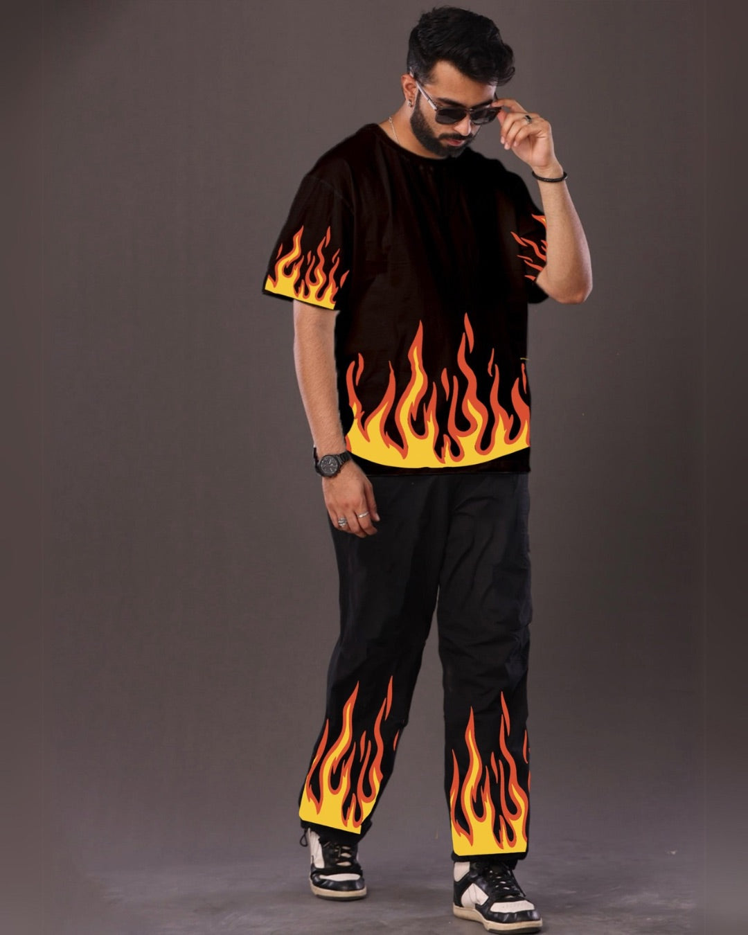 Men's Black Oversized Co Ord Set - Red Fire Design(*)