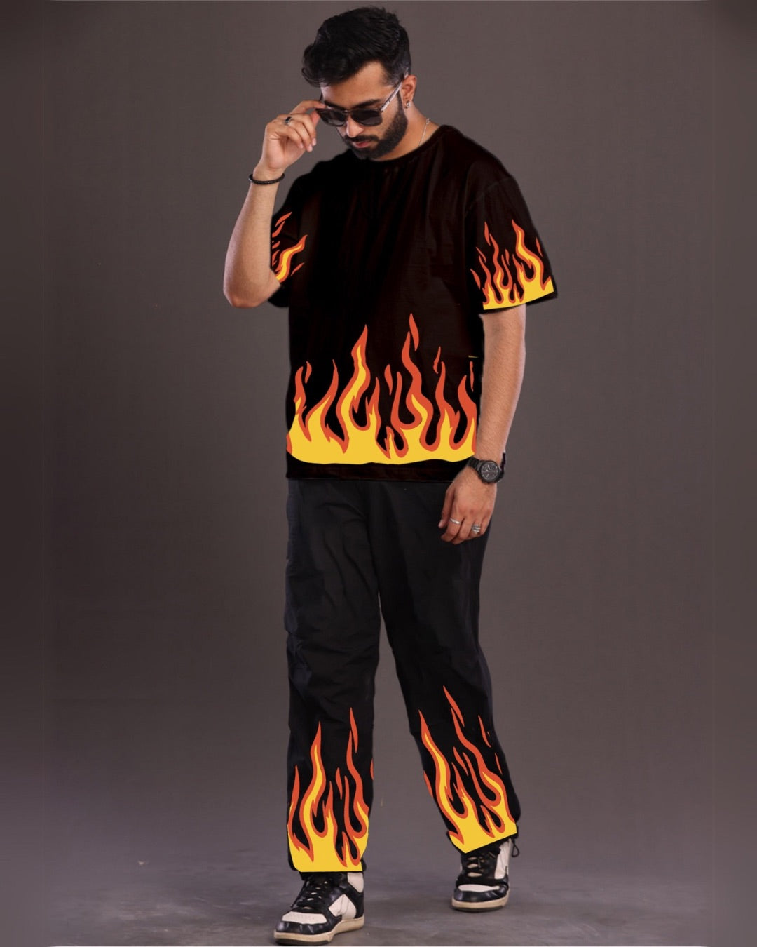 Men's Black Oversized Co Ord Set - Red Fire Design(*)