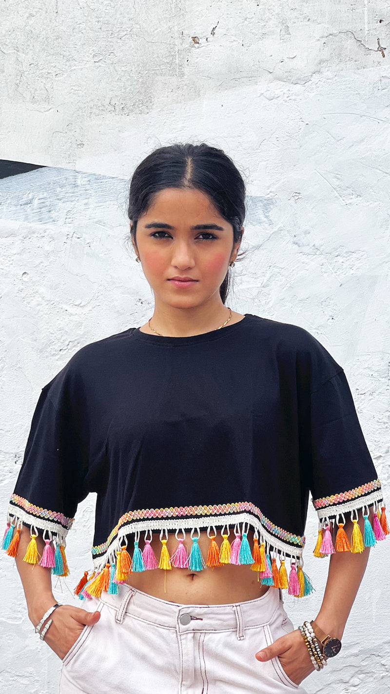 SUMMER VIBES: BLACK TOPS WITH MULTICOLORED TASSEL TRIM