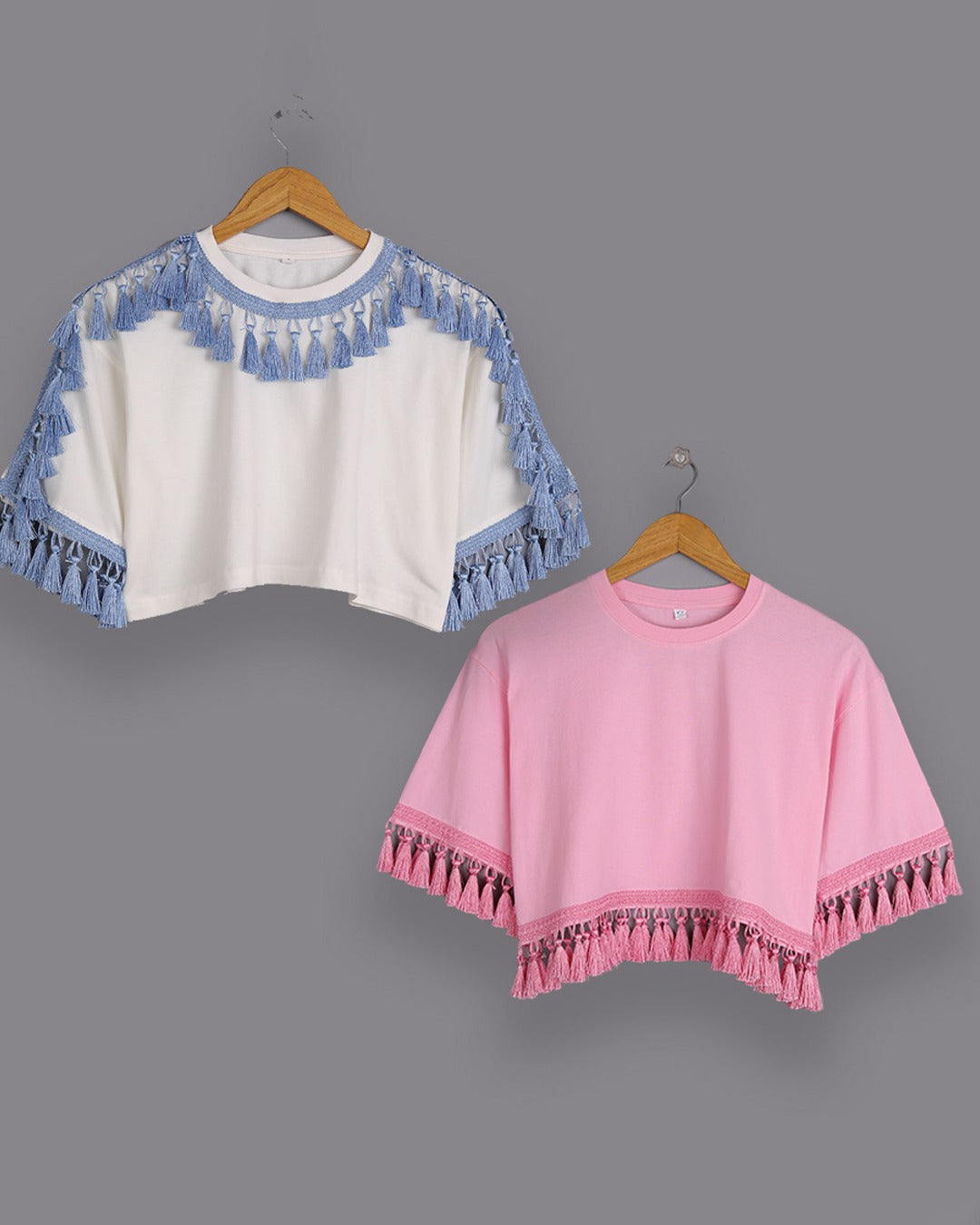 SUMMER TOPS: 2 COTTON CANDY PINK & OFF-WHITE TASSEL TEES, 100% COTTON