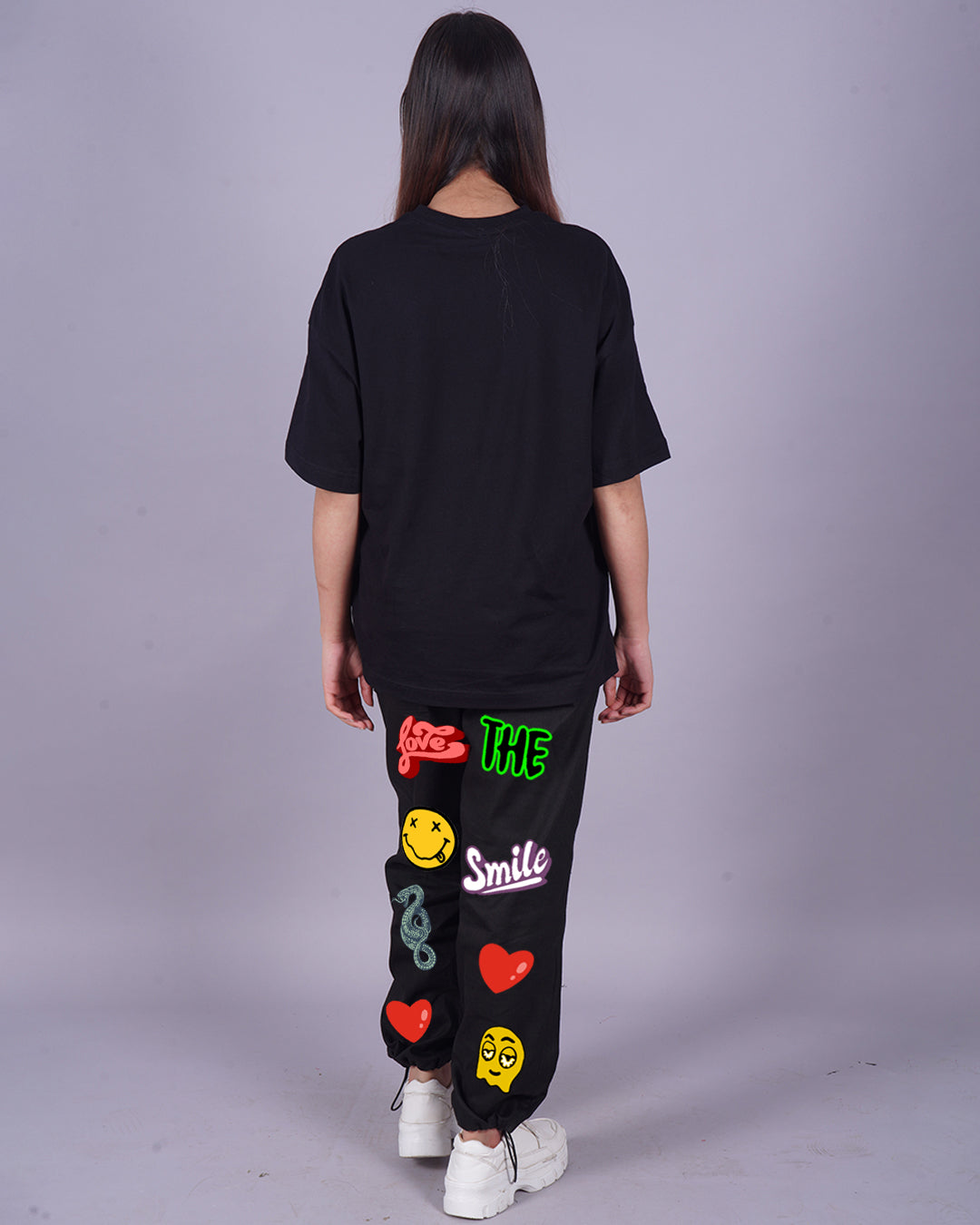 WOMEN LOVE SMILEY OVERSIZED CO-ORD SET - BLACK AND BLACK