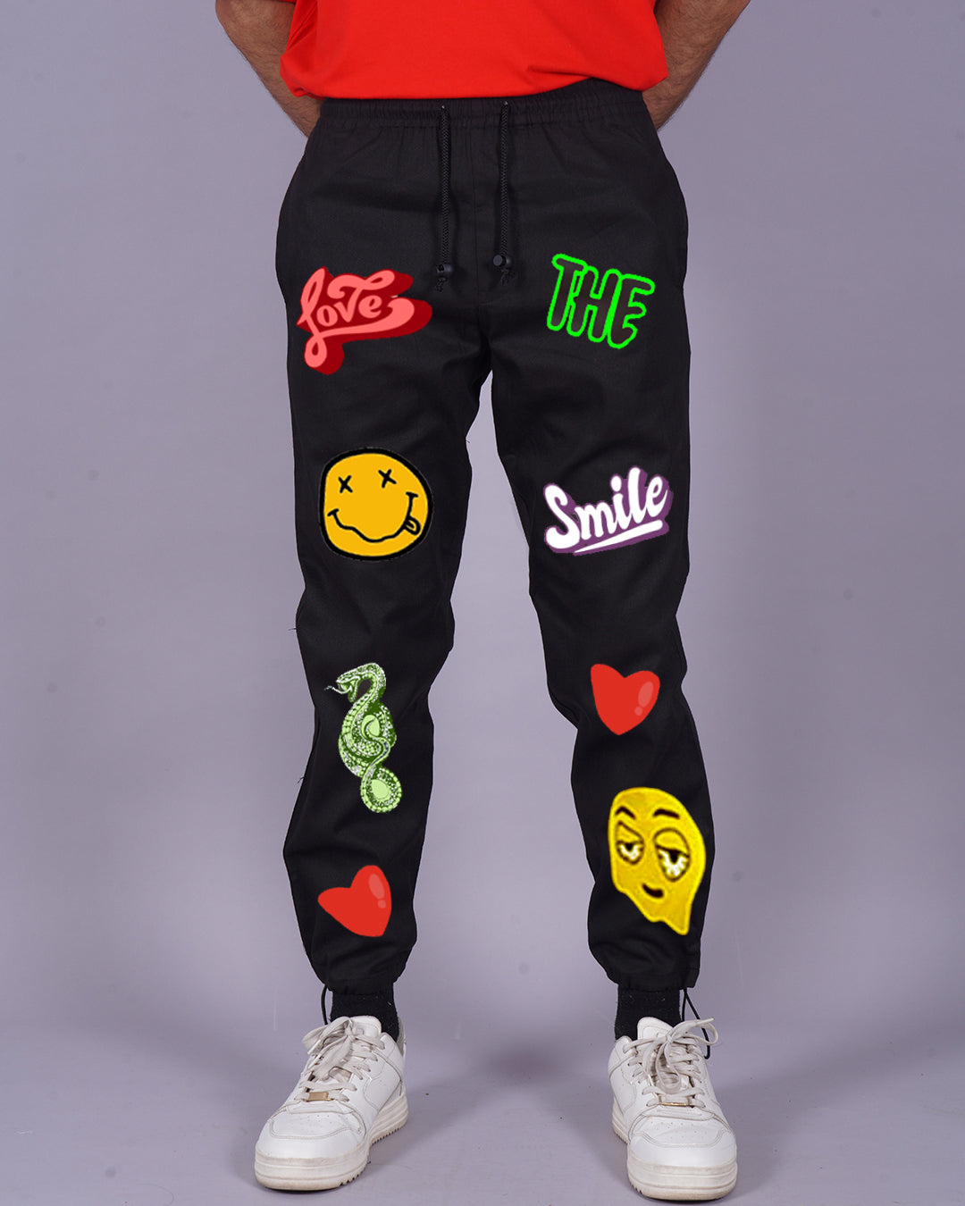Men's Black Adjustable Cargo Pants - Love Smiley(*)
