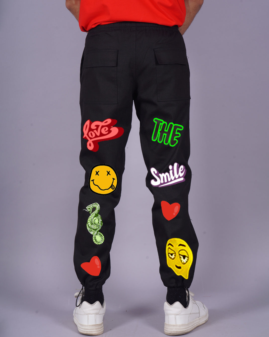 Men's Black Adjustable Cargo Pants - Love Smiley(*)