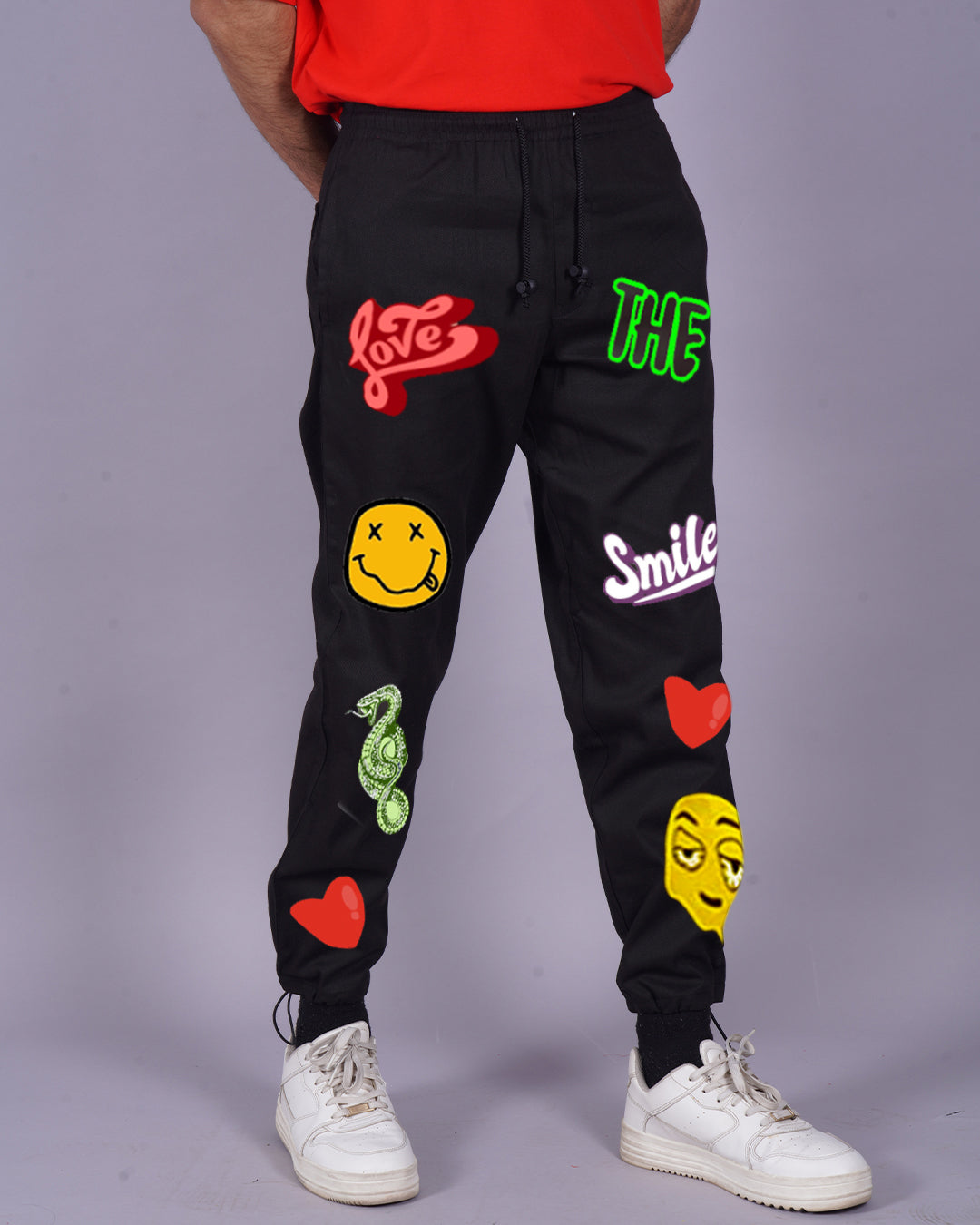 Men's Black Adjustable Cargo Pants - Love Smiley(*)