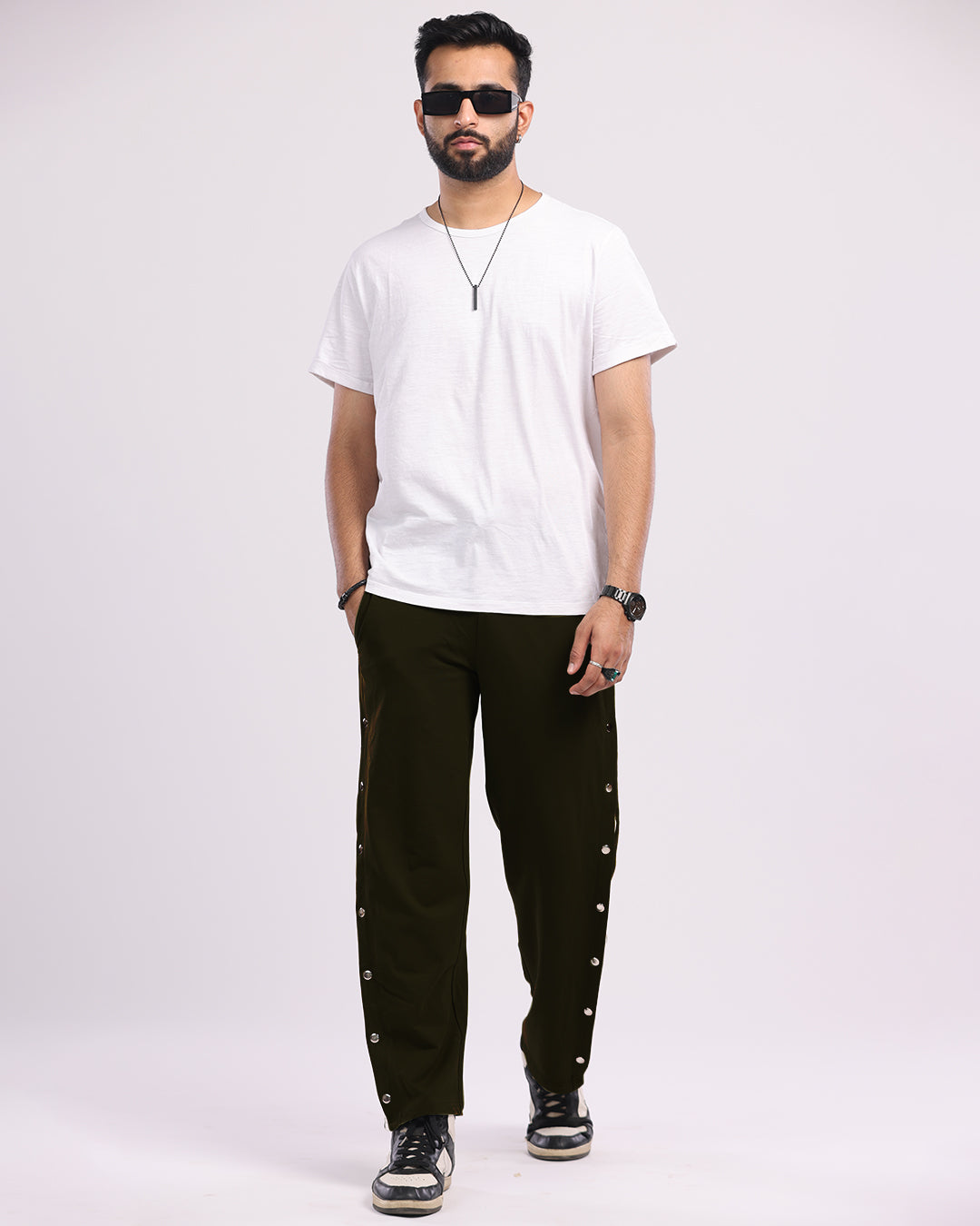 Men's Black Cotton Snap Buttons Pants