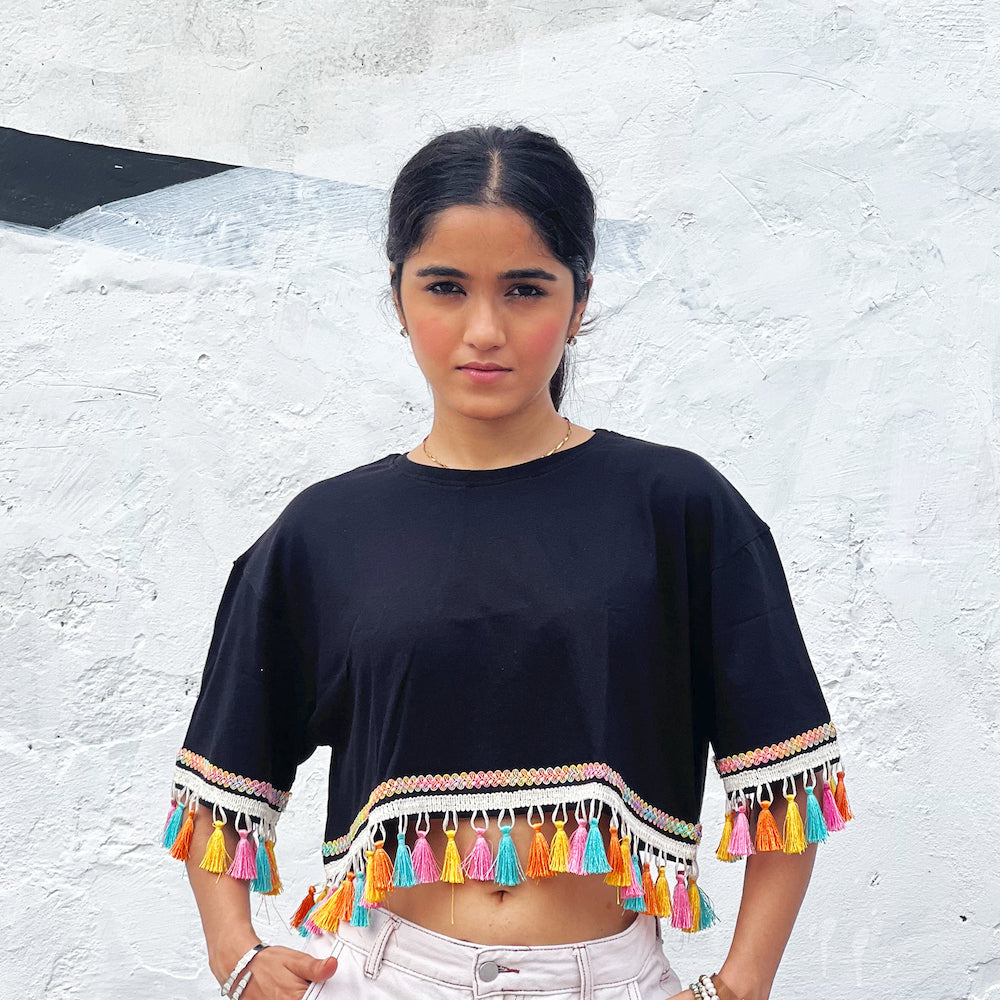 SUMMER VIBES: BLACK TOPS WITH MULTICOLORED TASSEL TRIM