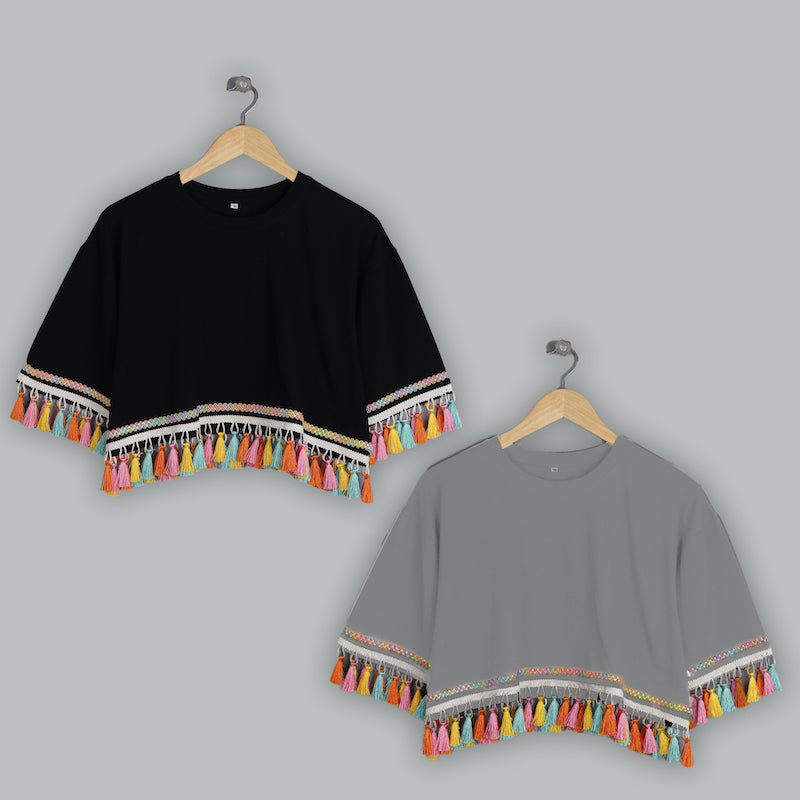 SET OF 2 OVERSIZED WOMEN'S TOPS: BLACK & FOG GREY WITH MULTICOLORED TASSEL TRIM