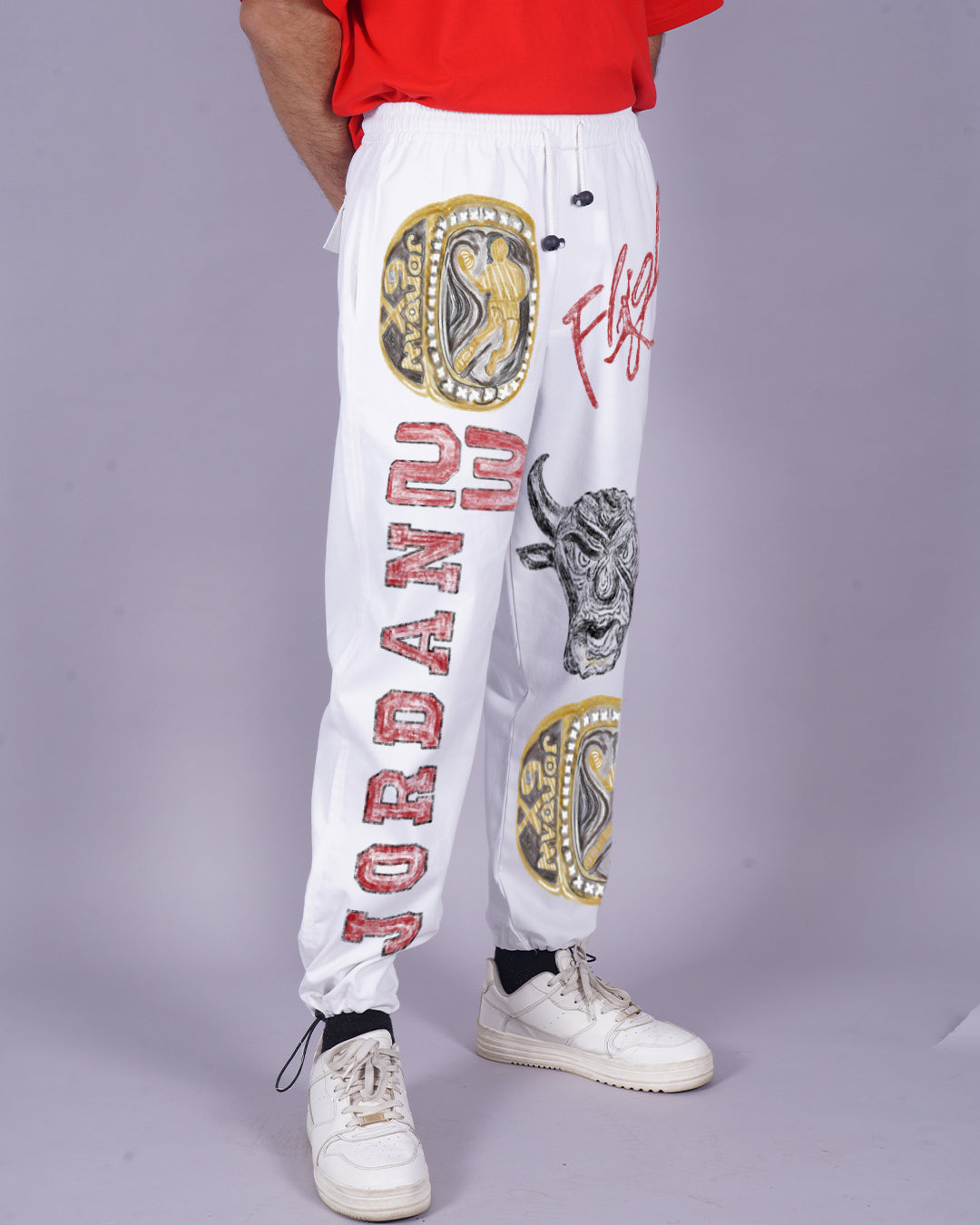 Men's White Cargo Pants - Crayon Design(*)