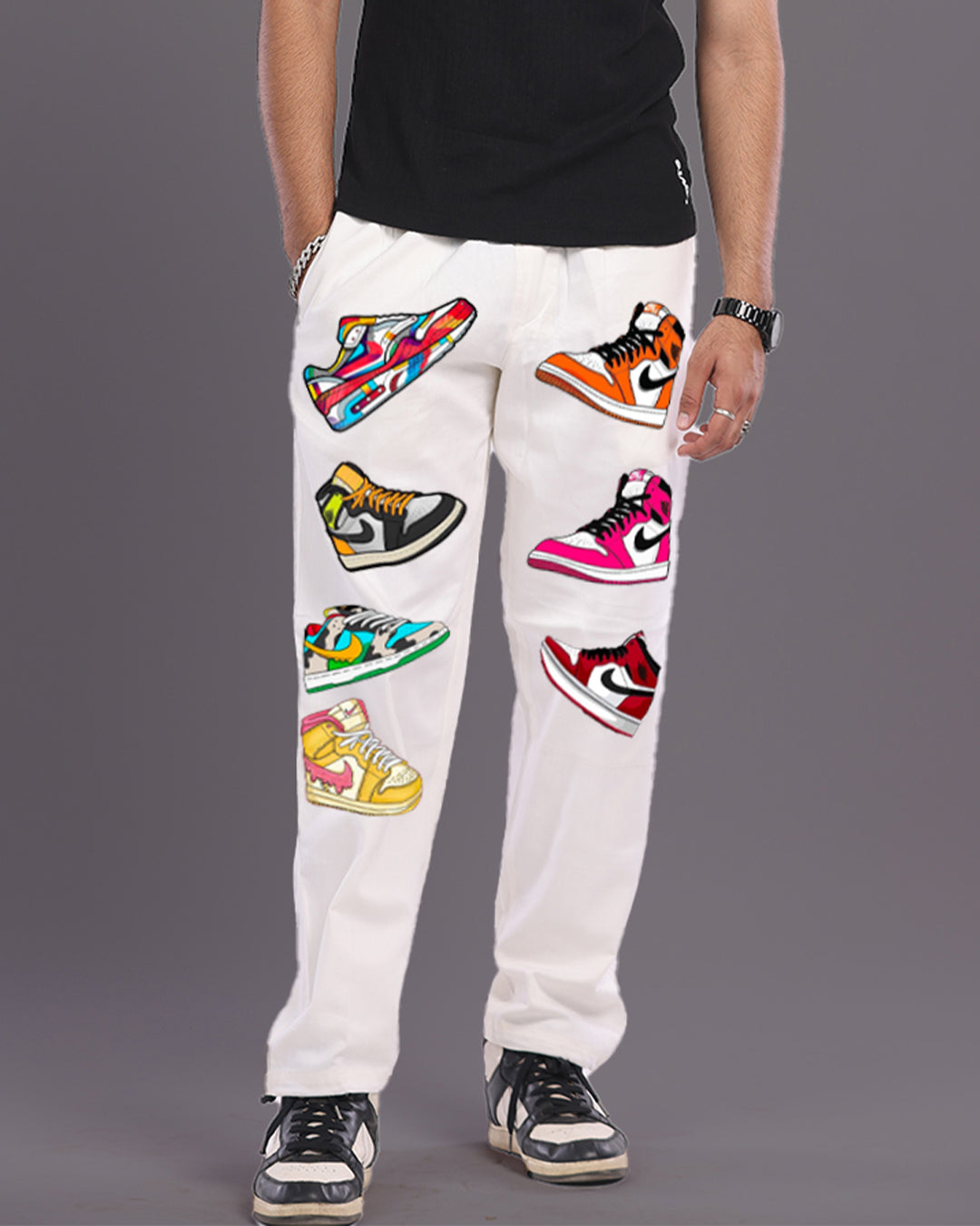 Mens White Cargo Pants with Sneaker Design(*)