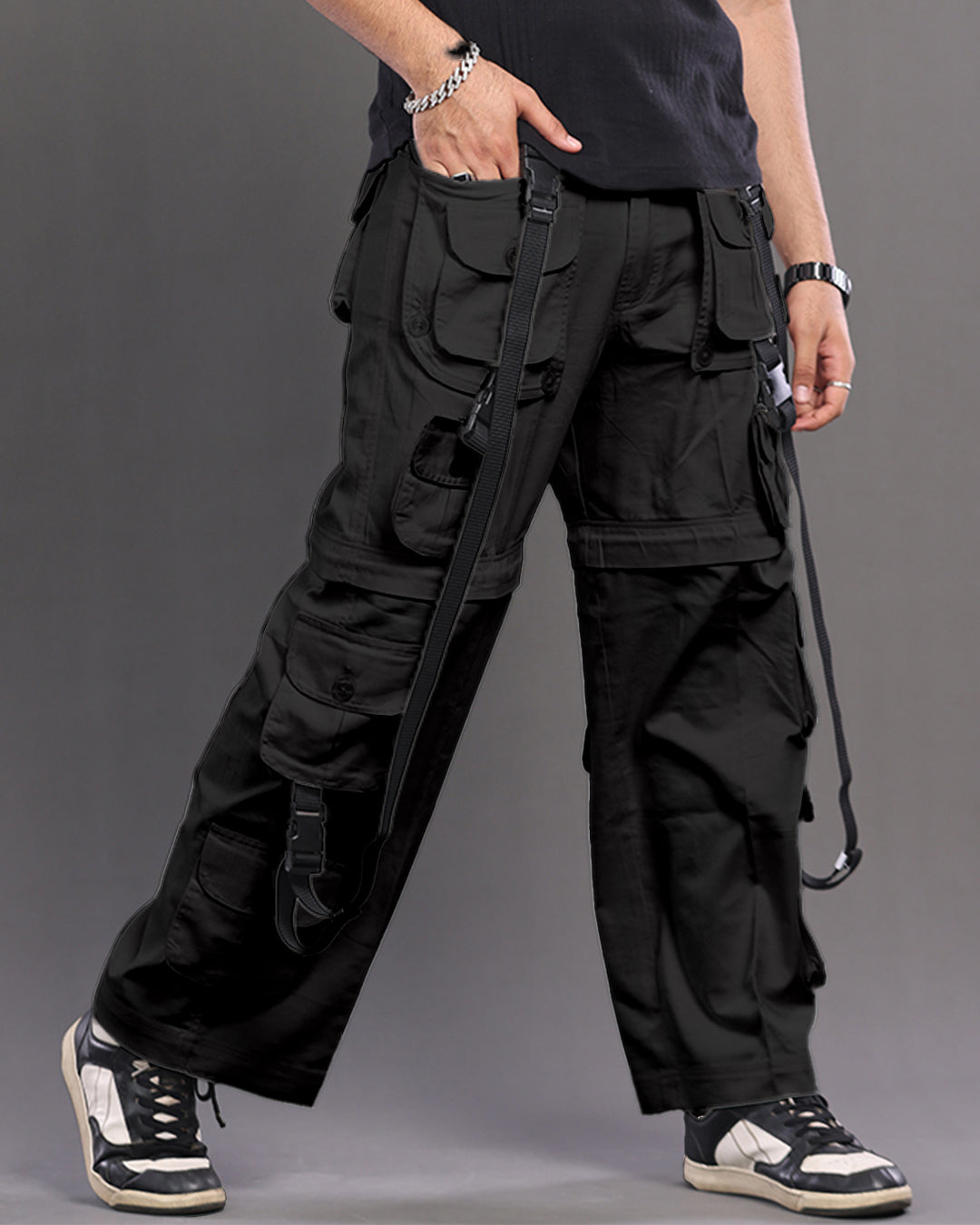 Charcoal Black MaxFlex Cargo Pants: Air Ease Commando Multi-Pocket Style