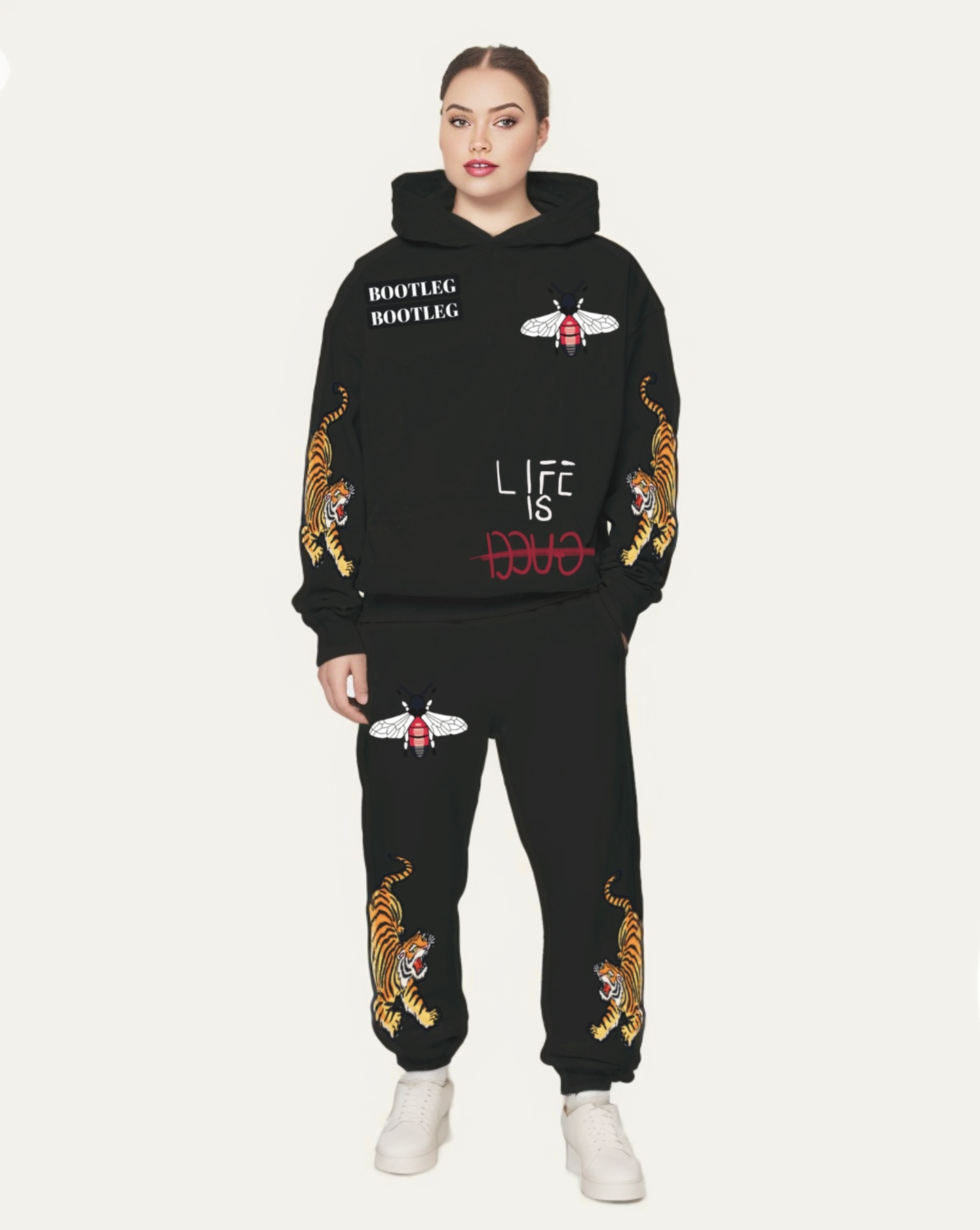 MEN'S TIGER ROAR HOODIE OVERSIZED CO-ORD SET - BLACK AND BLACK(*)