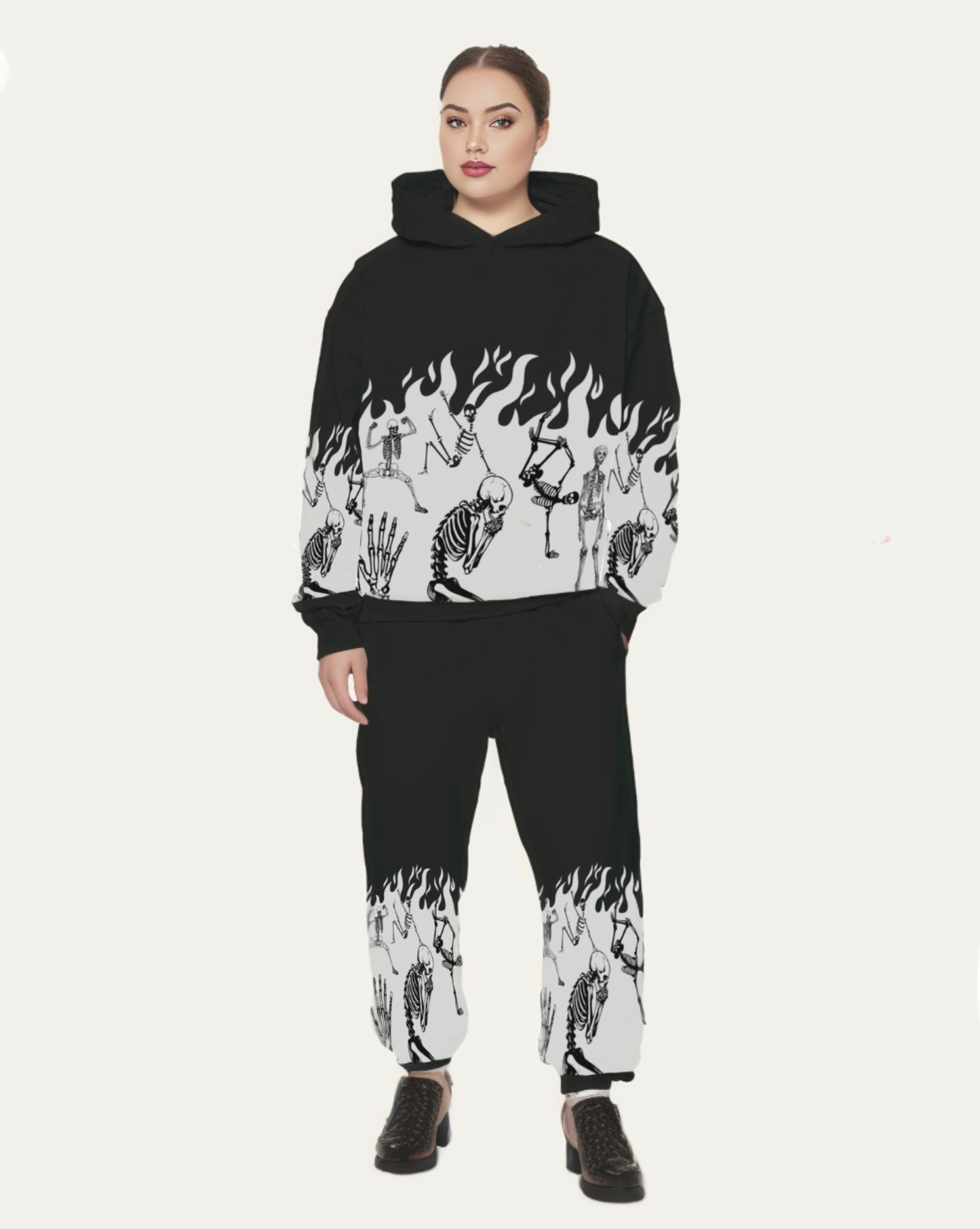 WOMEN CHILLING SKELETON HOODIE OVERSIZED CO-ORD SET - BLACK AND BLACK