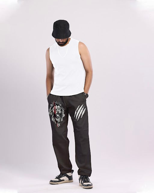MEN'S BLACK COTTON PANTS - LION(*)