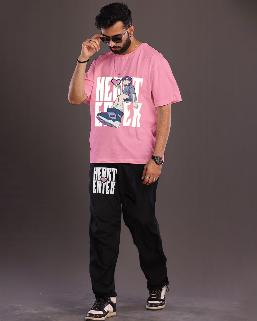Men's Two-Piece Hearteater Oversized Co-ord Set in Pink and Black
