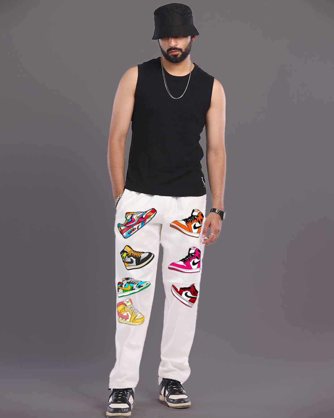 Mens White Cargo Pants with Sneaker Design(*)