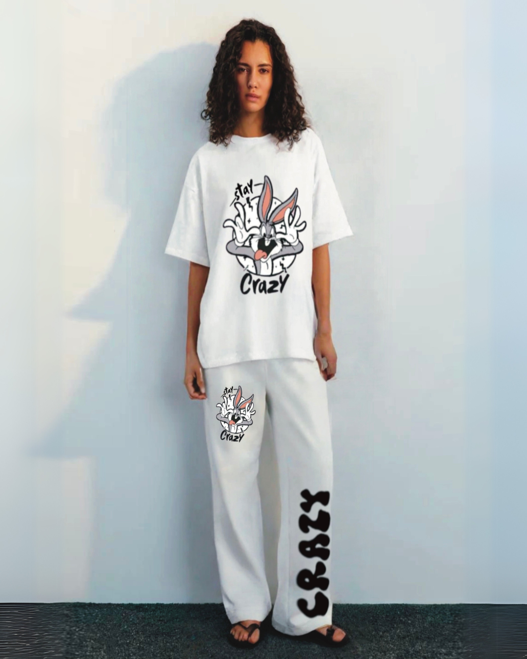 WOMEN STAY CRAZY' CORD SET( WHITE AND WHITE)(*)