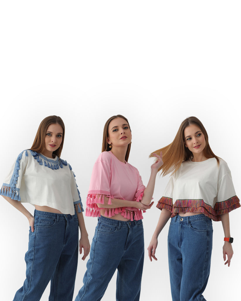 Set of 3 Off-white & Pink Tassel-Trimmed Cotton Tops