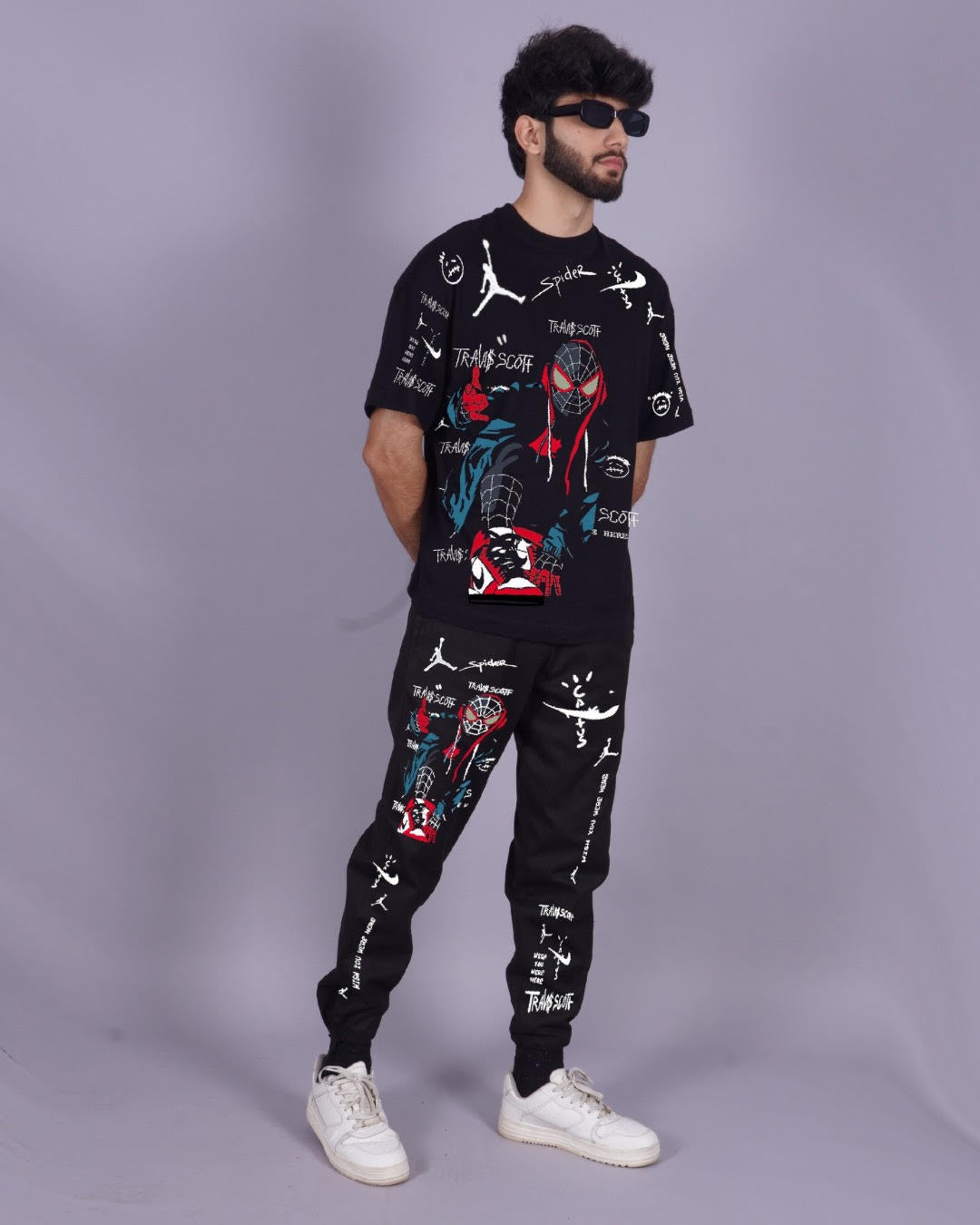 Web Warrior: Black Oversized Men's Co Ord Set(*)