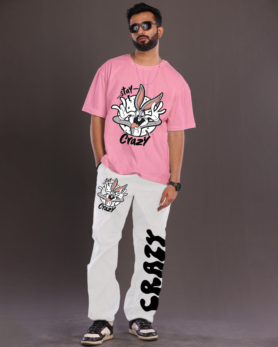 Saty Crazy: Men's Pink and White Oversized Co-ord Set(*)