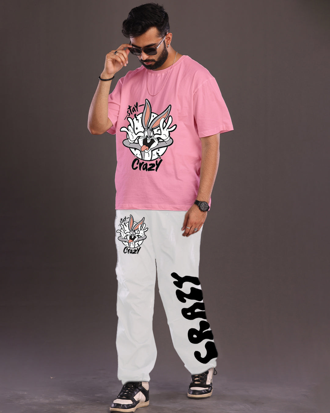 Saty Crazy: Men's Pink and White Oversized Co-ord Set(*)
