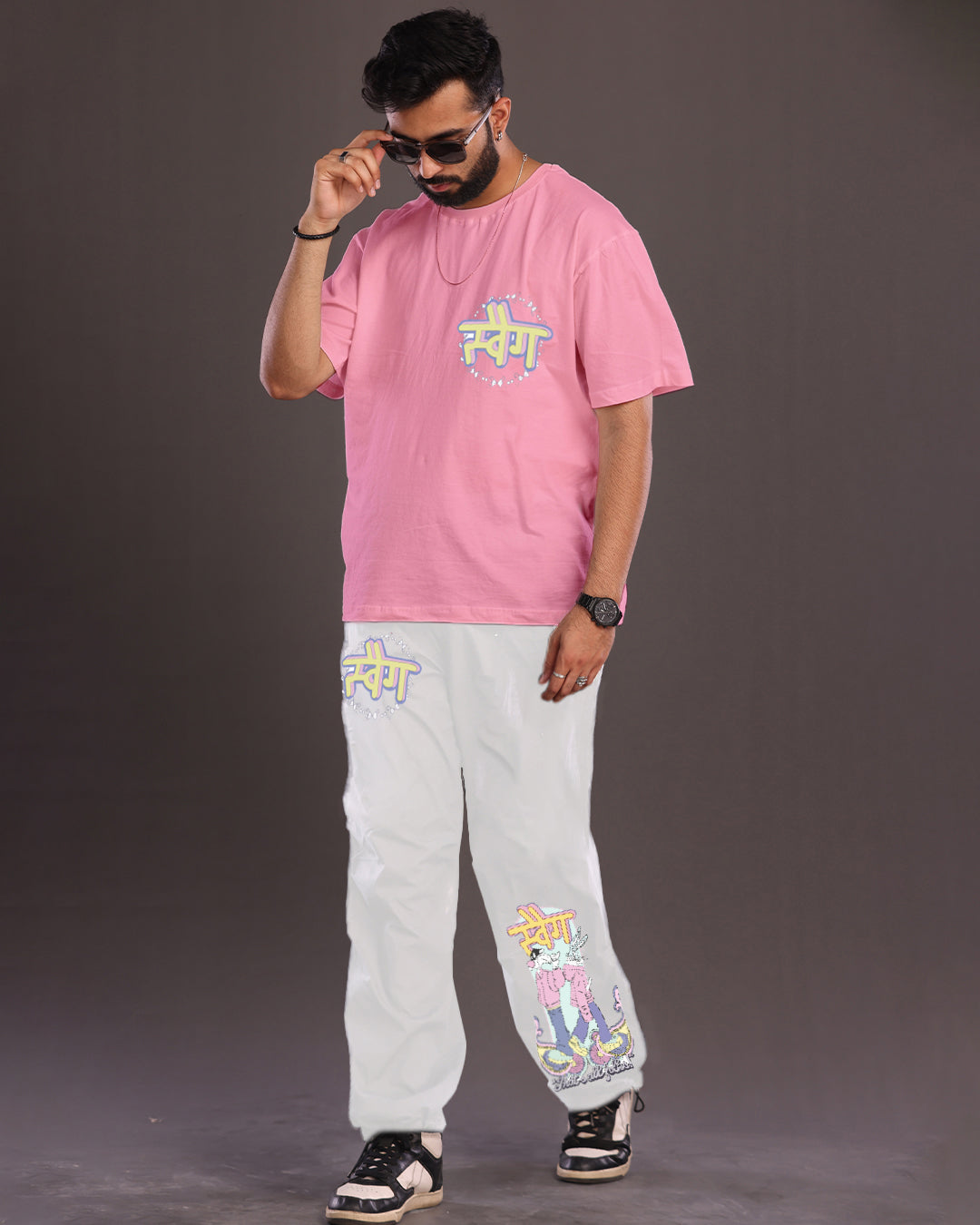 Swag Style: Men's Co Ord Oversized Set in Pink and White