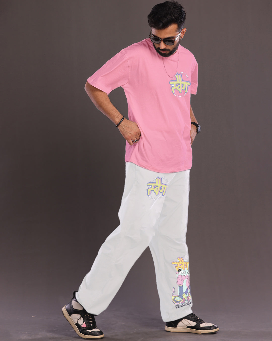 Swag Style: Men's Co Ord Oversized Set in Pink and White
