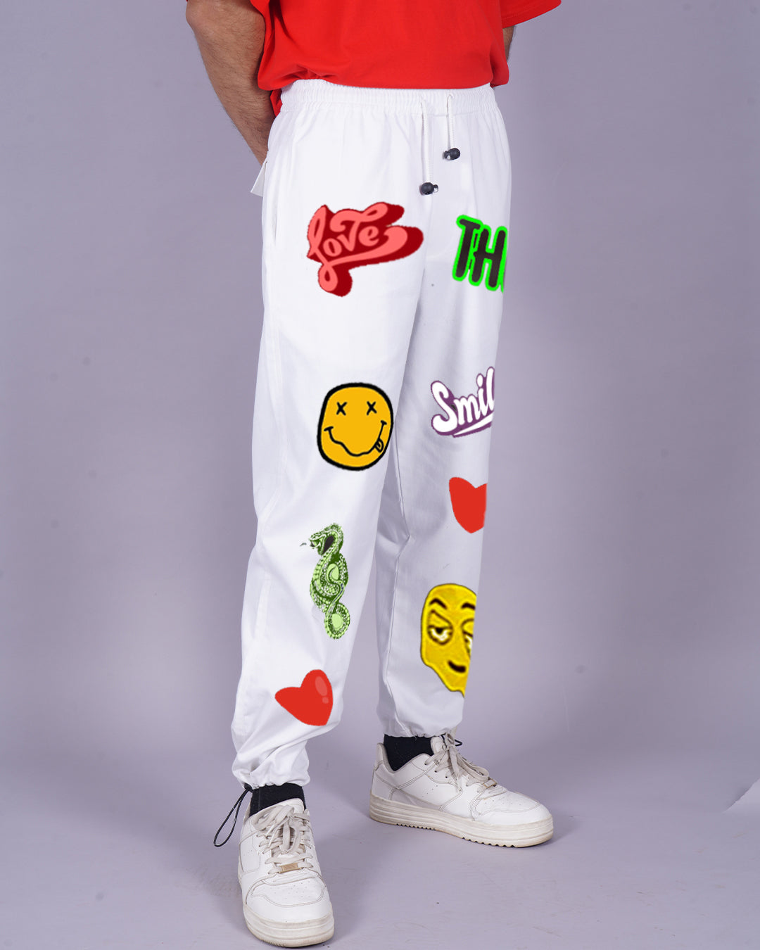 Men's White Cargo Pants - Love Smiley Design(*)