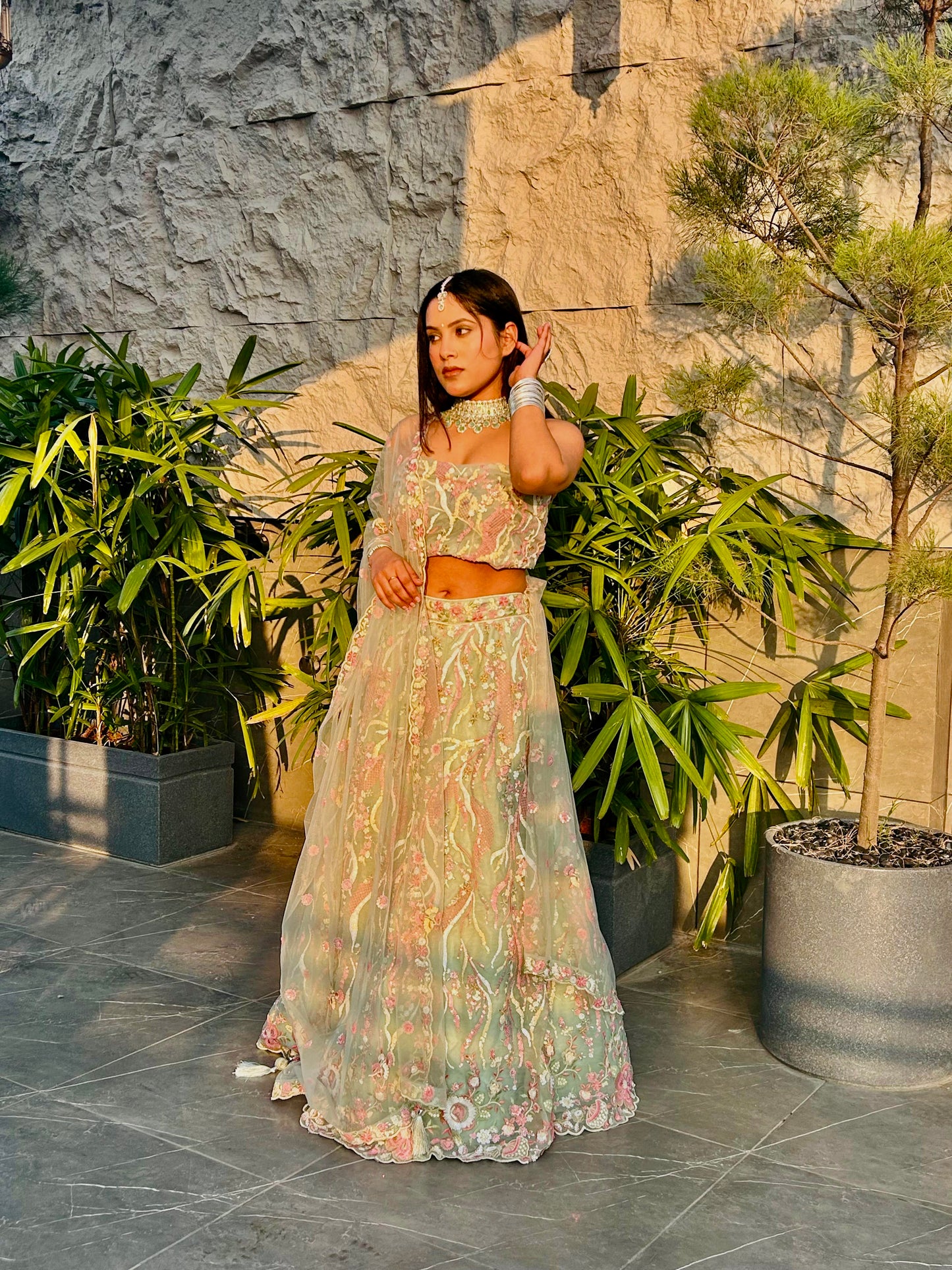 Lime green and pink Lehenga