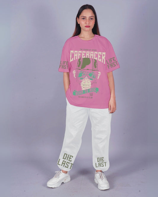 Women CafeRacer Oversized Co-Ord Set - Pink and White