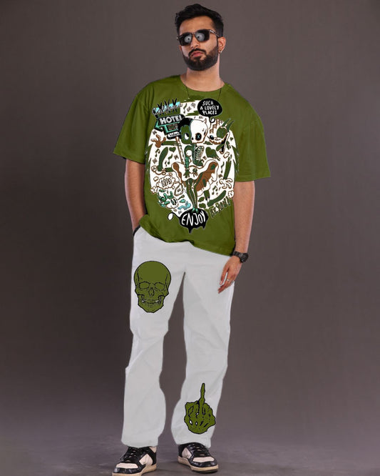 Men's Oversized Olive and White Cool Skull Co Ord Set Men's