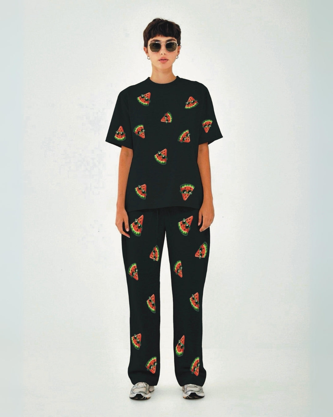 Women Watermelon World Oversized Co-Ord Set - Black and Black