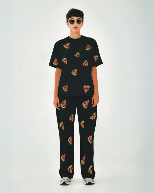 Women Watermelon World Oversized Co-Ord Set - Black and Black