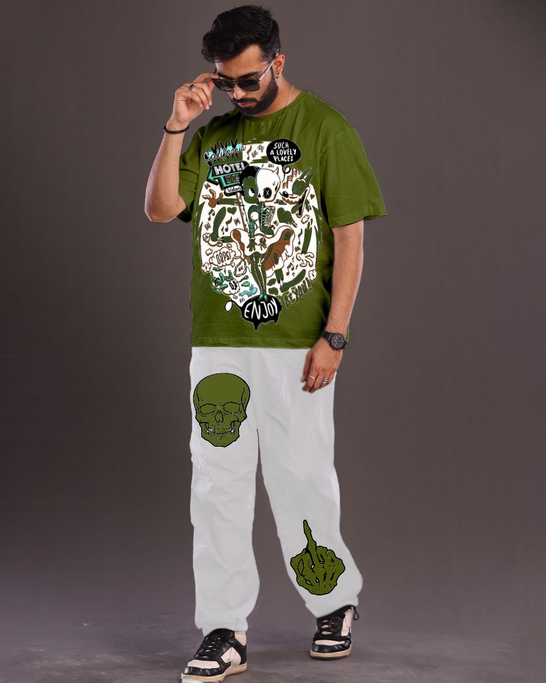 Men's Oversized Olive and White Cool Skull Co Ord Set Men's