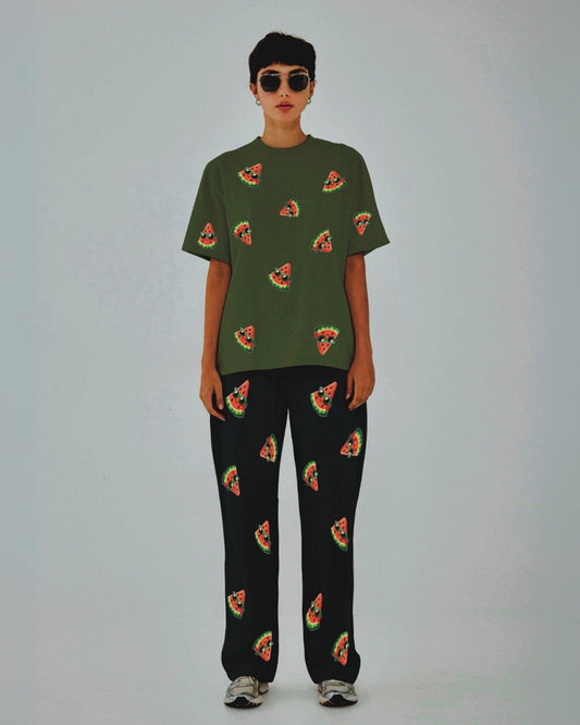 Women Watermelon World Oversized Co-Ord Set - Olive and Black