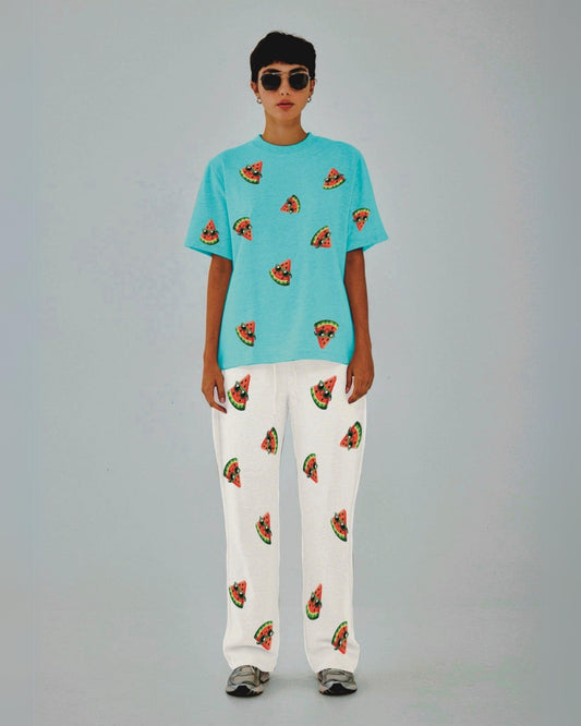 Women Watermelon World Oversized Co-Ord Set - Blue and White