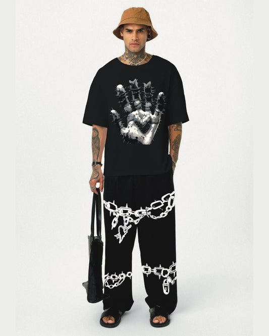 HAND URBAN TEE WITH CHAIN DESIGN PANT CORDSET (BLACK AND BLACK)(*)
