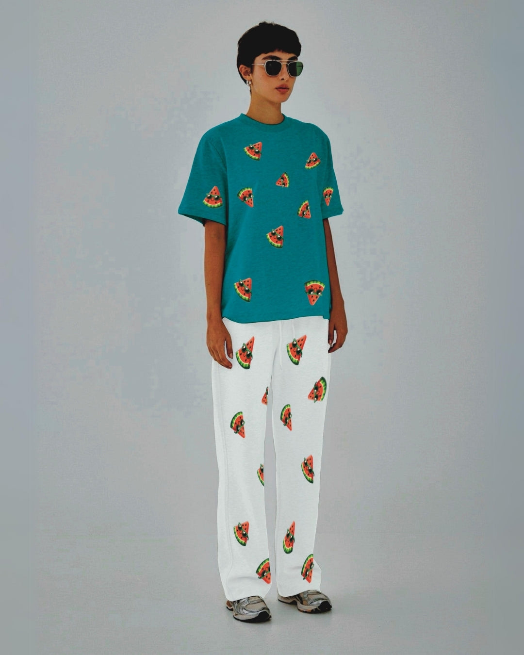 Women Watermelon World Oversized Co-Ord Set - Blue and White