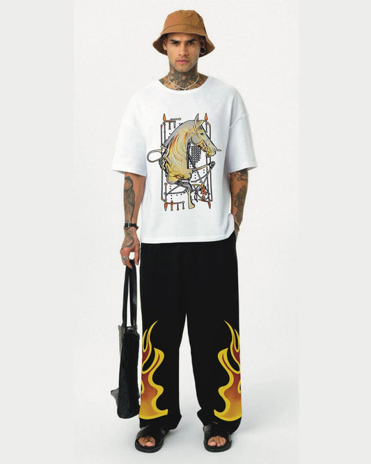 Hermess Horse tee with fire aura pant cordset (white and black)(*)