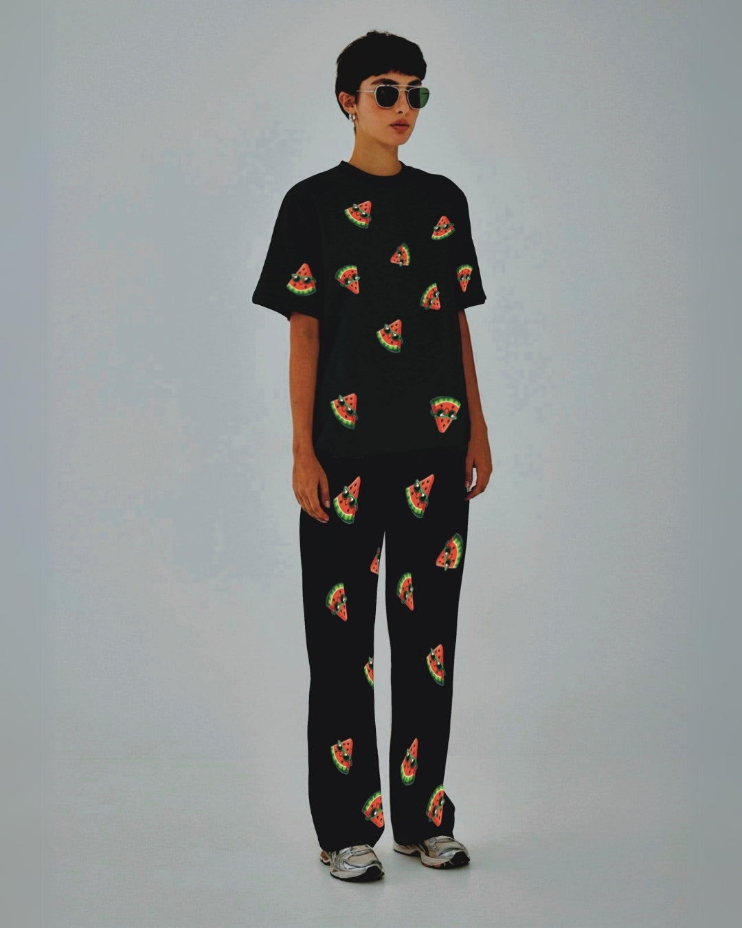 Women Watermelon World Oversized Co-Ord Set - Black and Black