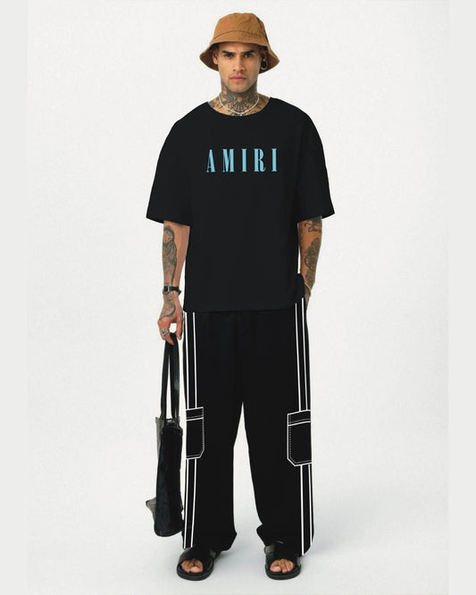 Amiri core tee with white stripe pant cord-set ( black and black)(*)