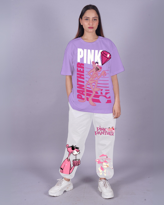 Women Pink Panther Oversized Co-Ord Set - Purple and White