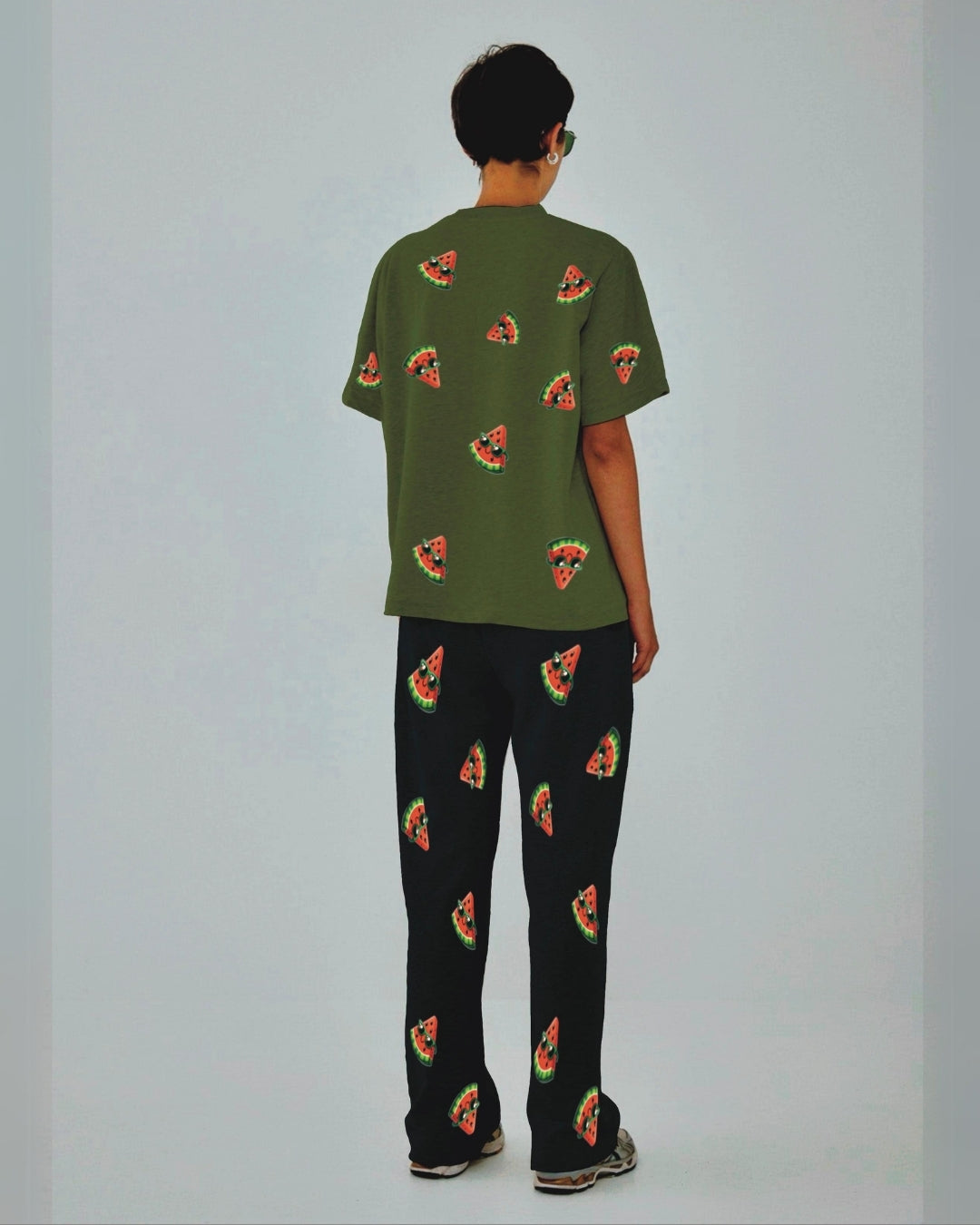 Women Watermelon World Oversized Co-Ord Set - Olive and Black